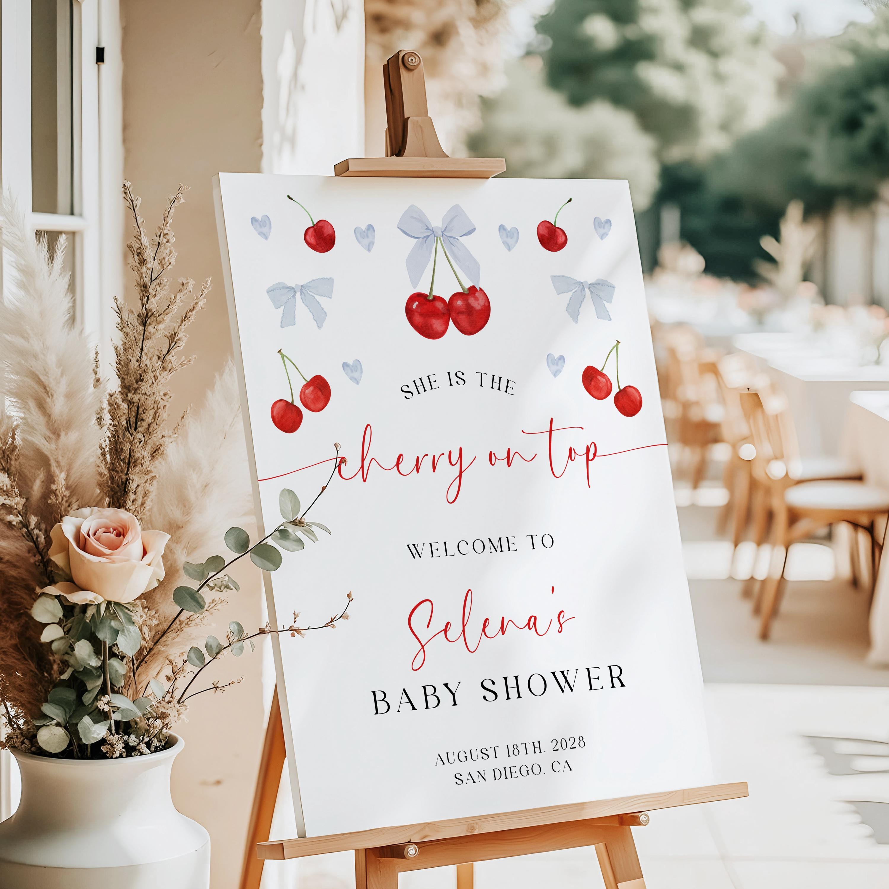 Cherry on Top Baby Shower Welcome Sign Blue Bow Cherry Welcome Poster Blue Coquette Girl Baby Shower Sign Blue Ribbon Berries Sign | B006
