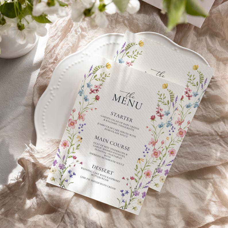 Wildflower Menu Template Pastel Floral Wedding Menu Card Boho Flowers ...
