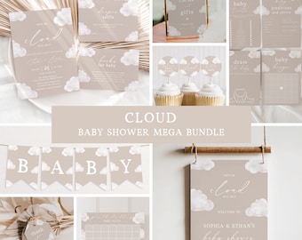 Neutral Cloud Baby Shower Bundle Printable Cloud Nine Baby Shower Invitation Set Editable Beige Baby Shower Games Pack Modern |BW02