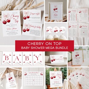 Cherry on Top Baby Shower Mega Bundle Pink Bow Cherry Baby Shower Games Pack Coquette Cherry Girl Baby Shower Invites Pink Bow Signs | B005