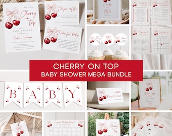 Cherry on Top Baby Shower Mega Bundle Pink Bow Cherry Baby Shower Games Pack Coquette Cherry Girl Baby Shower Invites Pink Bow Signs | B005