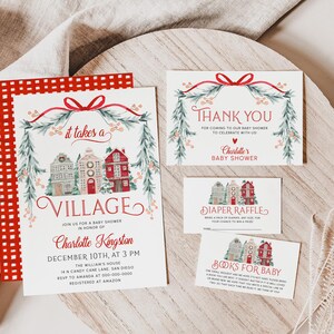 May include: Baby shower invitation set with a village theme. The invitation features a red and white checkered border and the text "it takes a VILLAGE". Includes thank you cards, diaper raffle, and books for baby cards.