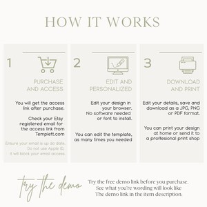 May include: A three-step guide on how to purchase, edit, and download a printable template. The steps are illustrated with icons of a shopping cart, a pencil, and a printer. The text includes the phrase "Try the free demo link before you purchase."