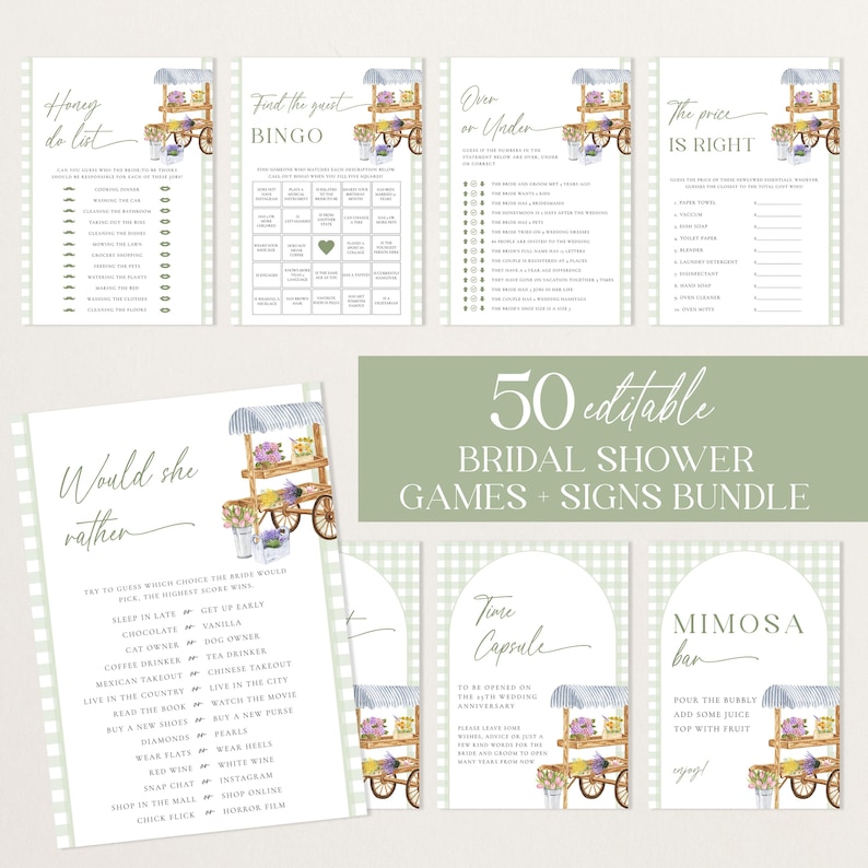 K&ouml;nnte beinhalten: Ein Set mit 50 druckbaren Spielen und Schildern f&uuml;r eine Brautparty mit einer Aquarell-Illustration eines Food-Carts im Vintage-Stil mit Blumen und Gl&auml;sern. Die Spiele beinhalten "Honey Do List", "Find the Guest Bingo", "Over or Under", "The Price is Right", "Would She Rather", "Time Capsule" und "Mimosa Bar".