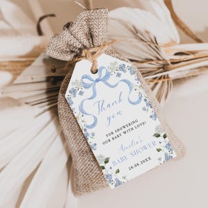 Blue Floral Baby Shower Favor Tag Template Blue Bow Thank You Tag Dusty Blue Baby Shower Tag Elegant Flowers Tag Blue Ribbon | LK01