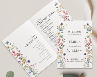 Wildflower Wedding Program Template Floral Wedding Ceremony Program Folded Wedding Program Modern Wedding Program Card Printable |EVA