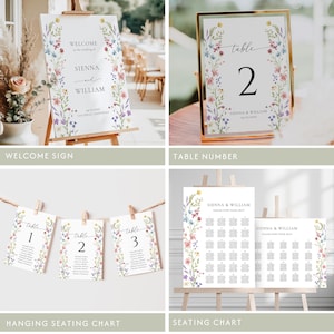 Puede incluir: Conjunto de papeler&iacute;a de boda con dise&ntilde;os florales. Incluye un letrero de bienvenida, un n&uacute;mero de mesa, un plano de asientos colgante y un plano de asientos. Los letreros muestran los nombres "SIENNA y WILLIAM" y la fecha y el lugar de la boda. El n&uacute;mero de mesa est&aacute; en un marco dorado.
