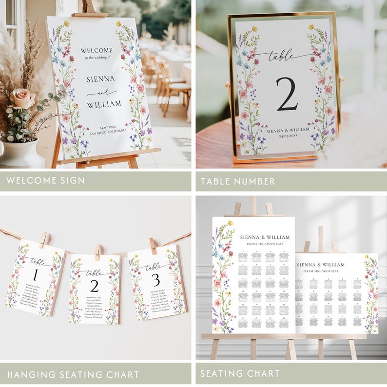 Puede incluir: Conjunto de papeler&iacute;a de boda con dise&ntilde;os florales. Incluye un letrero de bienvenida, un n&uacute;mero de mesa, un plano de asientos colgante y un plano de asientos. Los letreros muestran los nombres "SIENNA y WILLIAM" y la fecha y el lugar de la boda. El n&uacute;mero de mesa est&aacute; en un marco dorado.