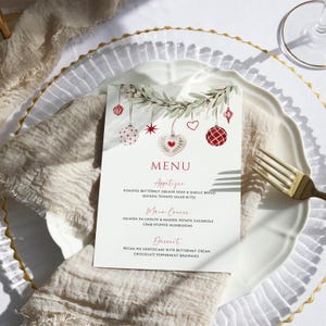 Kerstmenusjabloon Bewerkbare Winterbruiloftmenukaart Feestdagendinermenu Kerstballen Bruidsmenu Wintertafeldecor | CH02