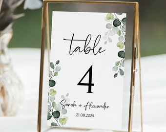 Greenery Wedding Table Numbers Template Eucalyptus wedding table numbers sign Printable modern table numbers wedding editable diy |GRENIA