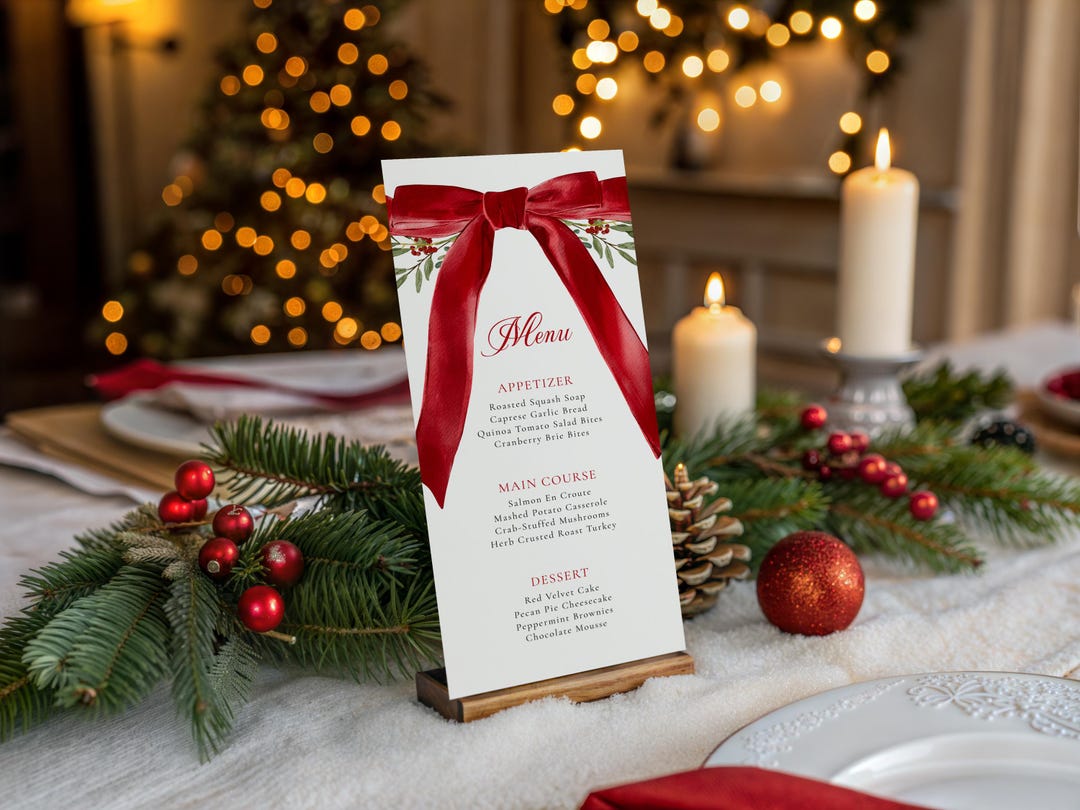 Editable Botanical Red Bow Menu Template Red Ribbon Christmas Menu Card ...