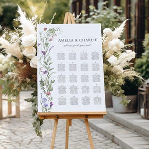 Modelo de placa de assentos de flores silvestres Placa de assentos de casamento floral pastel Plano de assentos de casamento botânico Sinalização de guirlanda floral | VM09