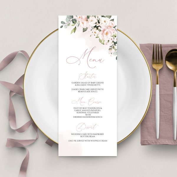 Modèle de menu de mariage rose blush, téléchargement de menu de mariage floral aquarelle, carte de menu de mariage rose tendre imprimable, menus de mariage avec nom| MILA