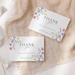 Cartão de agradecimento com flores silvestres editável, cartão de agradecimento para casamento com flores pastel, estilo Boho, cartão de agradecimento dobrado, cartão de casamento com flores silvestres | W004