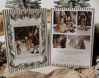 Peut inclure: Deux cartes de Noël rectangulaires avec des bordures rayées marron et blanc. La carte de gauche présente une photo centrale d'une famille dans la neige, encadrée par une guirlande verte et des rubans marron, avec le texte We Wish You A Merry Christmas.