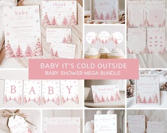 May include: Pink and white baby shower decorations with a winter theme. The decorations include a banner that says "BABY", a welcome sign, a food label, a thank you tag, a game card, and cupcake toppers. The decorations feature a watercolor illustration of pink Christmas trees with snowflakes.