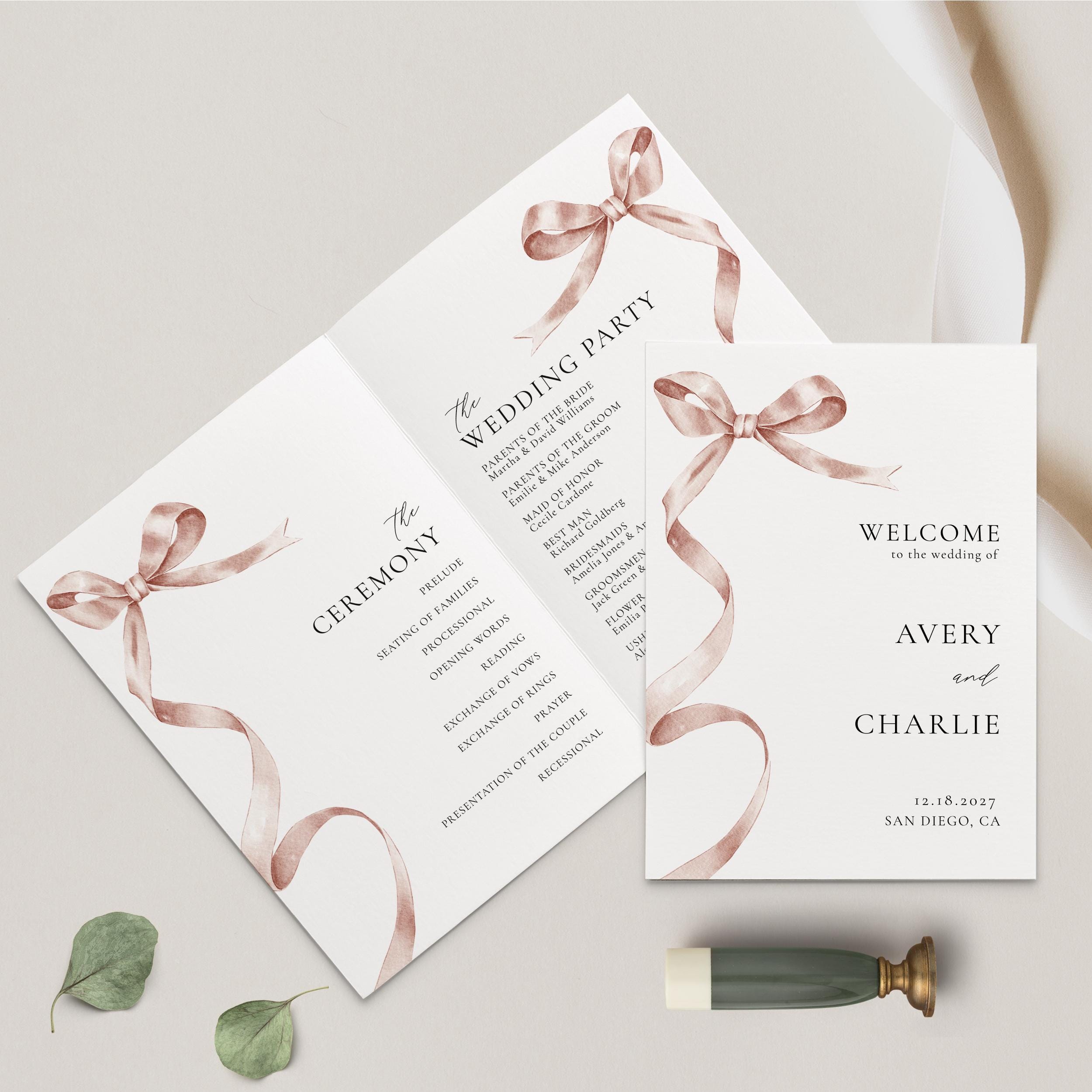 Program With Ribbon One Page Wedding Program With Bow Ties Tying Ribbons Onto Ceremony