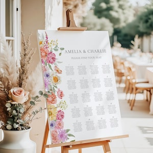 Stoelkaartsjabloon met pastelkleurige bloemen Kleurrijke zitplaatsenplattegrond bruiloft Wildflower bruiloft zitplaatsenkaartposter Boho bloemen zitplaatsbord | VM08