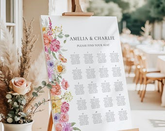 Modelo de gráfico de assentos florais em tons pastel Plano de assentos de casamento colorido Cartaz de gráfico de assentos de casamento com flores silvestres Placa de assentos florais boho | VM08