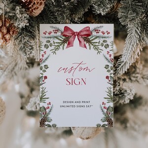 Christmas Custom Sign Template Red Bow Table Sign Editable Greenery Christmas Party Sign Winter Wedding Sign December Shower Sign| CH01 image 4