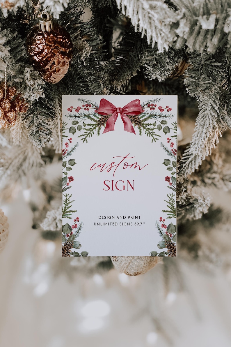 Christmas Custom Sign Template Red Bow Table Sign Editable Greenery Christmas Party Sign Winter Wedding Sign December Shower Sign| CH01 image 4