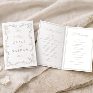 Vintage Wedding Program Template Elegant Botanical Ceremony Program Greenery Folded Wedding Program | W017