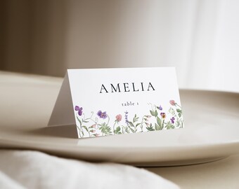 Wildflower Place Card Template Editable Botanical Wedding Seating Card Pastel Floral Bridal Shower Name Cards Floral Wedding Name Tags| VM09