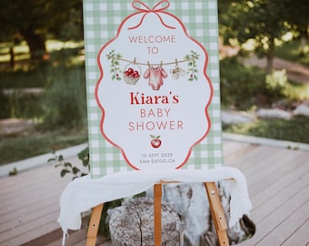 Letrero de bienvenida para baby shower de manzana, imprimible, póster de bienvenida de Apple of Our Eye, ropa de bebé de otoño, letrero para baby shower, letrero de manzana de cuadros verdes/LK02