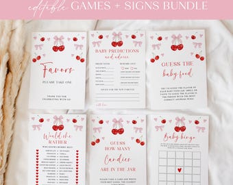 Cherry Baby Shower Games Bundle Pink Bow Cherry Baby Shower Games Pack Pink Coquette Berries Signs Set Cherry on Top Shower Party Games|B006