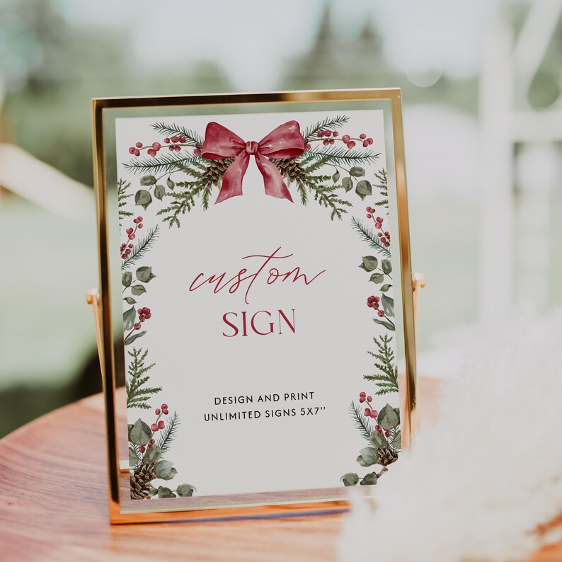 Christmas Custom Sign Template Red Bow Table Sign Editable Greenery Christmas Party Sign Winter Wedding Sign December Shower Sign| CH01 image 3