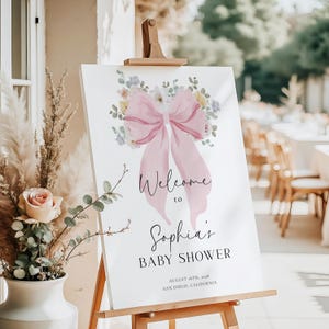 Rosa Schleife Baby Shower Willkommensschild Vorlage Bearbeitbares Rosa Band Baby Shower Sign Pastell Blumen Willkommen Poster Baby Girl Coquette Sign| B001