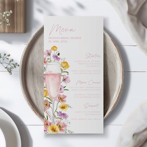 Modèle de menu de douche nuptiale pétales et prosecco Menu floral printanier Menu du dîner champagne rose Carte de menu imprimable pour événement floral | BM01