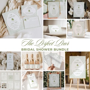 May include: A collection of bridal shower stationery with a green and white striped design. The Perfect Pear Bridal Shower Bundle includes invitations, menus, table cards, and a welcome sign. The design features a pear and clover motif.