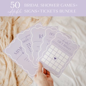 Purple Wavy Bridal Shower Games Bundle Lavender Bridal Shower Signs Set Wavy Border Hens Party Games Pack Fun Bridal Shower Bundle| PC01