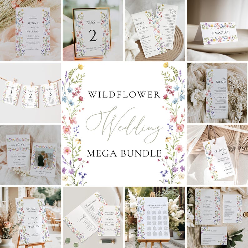 Puede incluir: Un conjunto de papeler&iacute;a de boda con tem&aacute;tica de flores silvestres. El paquete incluye invitaciones, tarjetas de mesa, men&uacute;s y se&ntilde;alizaci&oacute;n. Cada pieza est&aacute; adornada con dise&ntilde;os florales en acuarela en colores pastel, con las palabras "Wildflower Wedding MEGA BUNDLE".