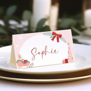 Kerstkaartsjabloon Rode strik Naamkaartjes babyshower Bewerkbare feestkaart Zitplaatskaart Winter roze verjaardagsfeestje | CH07