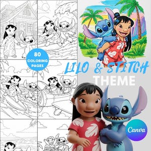 Cute Lilo & Stitch Coloring Pages, Printable Kids Activity, Stitch Birthday Party Favor, Hawaii Themed Art for Party, Printable Kid Activity