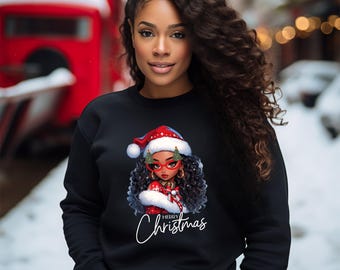 Black Girl Magic Christmas Sweatshirt, Santa Hat & Tree Glasses. Holiday Party Top, Festive Winter Apparel