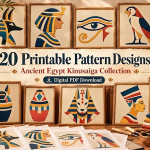 Puede incluir: Una colección de 20 diseños imprimibles titulada Ancient Egypt Kinusaiga Collection, con el texto digital PDF download. Las imágenes muestran ilustraciones enmarcadas de motivos egipcios que incluyen a Anubis, el Ojo de Horus y faraones en azul, rojo y dorado.