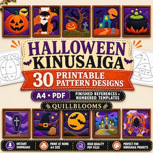 Può includere: Una collezione digitale di 30 modelli di design Kinusaiga per Halloween stampabili in formato PDF A4. Il set include modelli numerati e riferimenti finiti con immagini di zucche, gatti, case infestate, calderoni e altri soggetti stagionali.