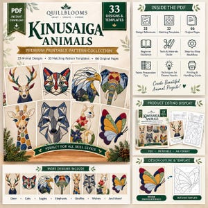 Op de afbeelding: Een digitale PDF-collectie getiteld Kinusaiga Animals met 33 printbare patronen. De omslag toont geometrische dierillustraties, waaronder een hert, kat, adelaar, olifant, giraf, wolf en vlinder. Inclusief ontwerpsjablonen en handleidingen.
