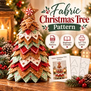 Puede incluir: Un proyecto de manualidades de árbol de Navidad de tela con hojas superpuestas en punta, en colores rojo, verde y marrón con patrones de pan de jengibre. El árbol está coronado con una estrella y un caramelo de menta. Incluye guía de patrón.