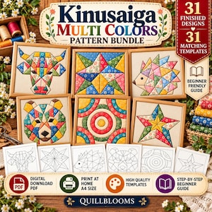 Pode incluir: Um pacote de padrões Kinusaiga multicoloridos com 31 designs finalizados e 31 modelos correspondentes. O conjunto inclui seis peças de arte em tecido quadradas retratando um touro, estrela, ouriço, urso, círculos e uma estrela, mais seis modelos.