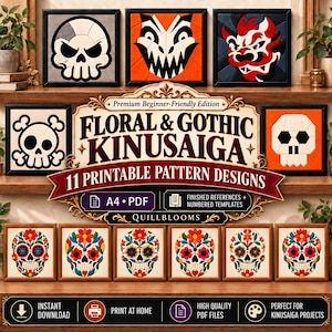 Kinusaiga Patterns Printable, 11 Gothic Skull & Sugar Skull Templates, Dark Mask Fabric Art, Beginner Digital PDF