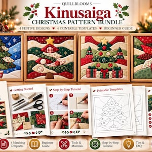 May include: A Kinusaiga Christmas pattern bundle digital PDF featuring four festive fabric art designs of Christmas trees and a poinsettia. Includes printable templates, a beginner guide, step-by-step tutorials, and tips for creating quilted-style fabric art.