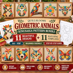 May include: A digital Kinusaiga pattern bundle titled QUILLBLOOMS GEOMETRIC ANIMALS featuring 11 colorful geometric animal designs including a hedgehog, owl, parrot, turtle, bull, fox, bear, cat, rabbit, and butterfly with matching templates.
