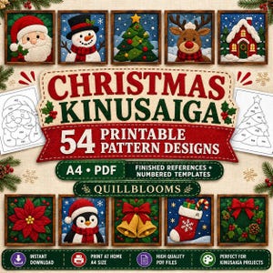 May include: A digital collection of 54 Christmas Kinusaiga printable pattern designs in A4 PDF format. The image displays various finished craft references including Santa, a snowman, a tree, a reindeer, a house, a penguin, bells, and a stocking.