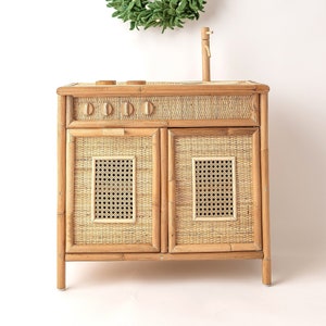 Little Chef Kitchenette - Children's Toy Kitchen - Boho Rattan Kitchen - Handmade Toy