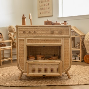 Whimsical Wonders Rattan Kitchenette - Children's Toy Pretend Play - Boho Rattan Kitchen Toy