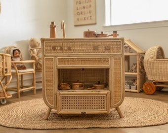 Whimsical Wonders Rattan Kitchenette - Children's Toy Pretend Play - Boho Rattan Kitchen Toy